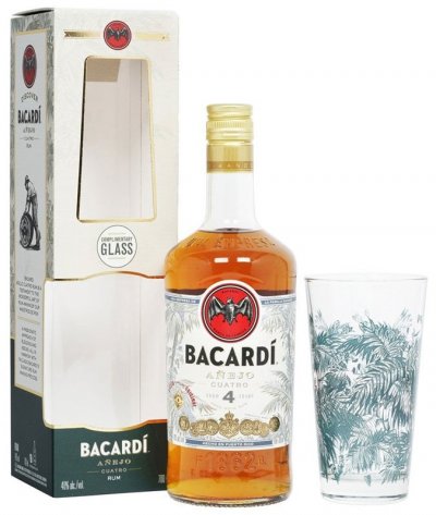 Ром "Bacardi" Anejo Cuatro, gift box with glass, 0.7 л