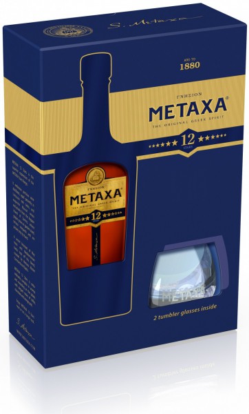 Бренди Metaxa 12*, gift box with 2 glasses, 0.7 л