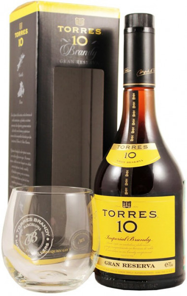 Бренди Torres 10 Gran Reserva, gift box with glass, 0.7 л