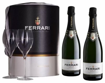 Набор Ferrari, Brut, Trento DOC, gift set of 2 bottles & 2 glasses