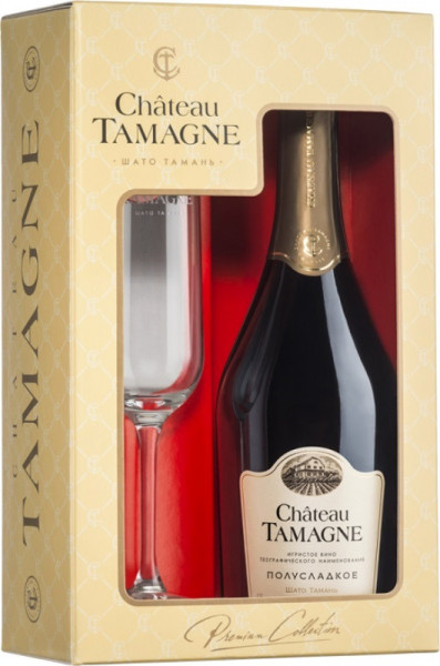 Игристое вино "Шато Тамань" Белое полусладкое, в подарочной коробке с бокалом