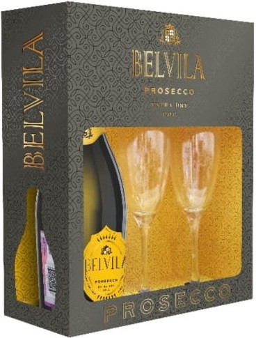 Игристое вино Villa degli Olmi, "Belvila" Prosecco DOC Spumante Extra Dry, gift box with 2 glasses