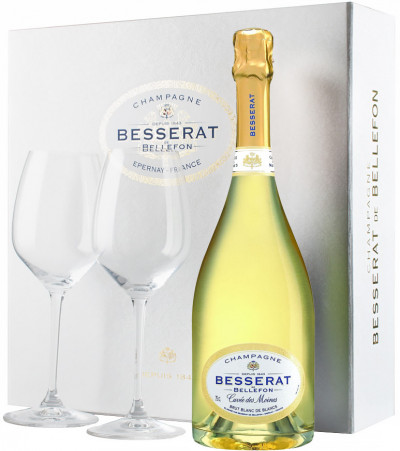 Набор Besserat de Bellefon, "Cuvee des Moines" Brut Blanc de Blancs, gift box with 2 glasses
