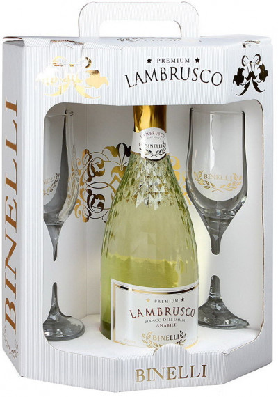 Набор "Binelli Premium" Lambrusco Bianco Amabile, Dell'Emilia IGT, gift set with 2 glasses