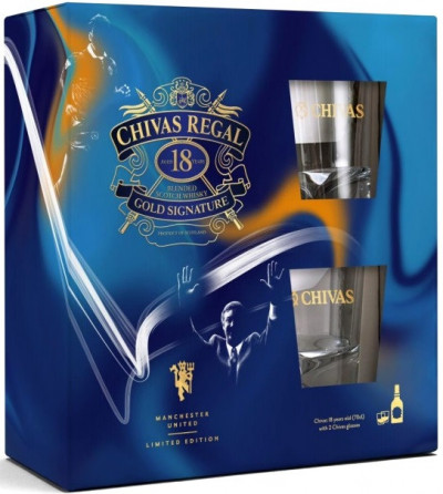 Набор "Chivas Regal" 18 years old, limited edition "Manchester United", gift set with 2 glasses