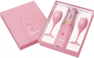 Набор Lanson, "Rose Label" Brut Rose, pink coated & 2 glasses gift box