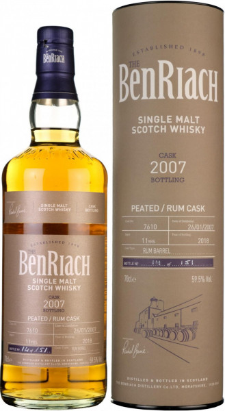 Виски Benriach, "Cask Bottling" Peated Rum Cask 11 Years (cask #7610), 2007, in tube, 0.7 л