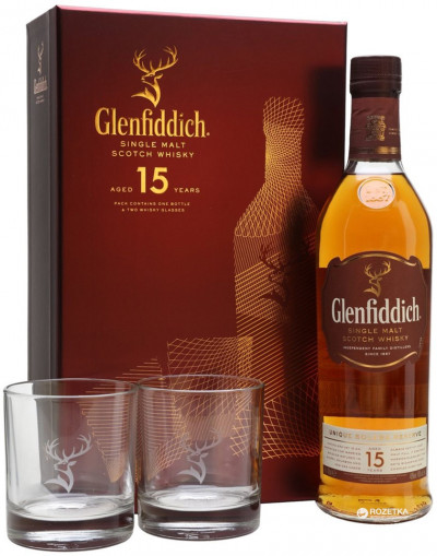 Виски "Glenfiddich" 15 Years Old, gift box with 2 glasses, 0.75 л