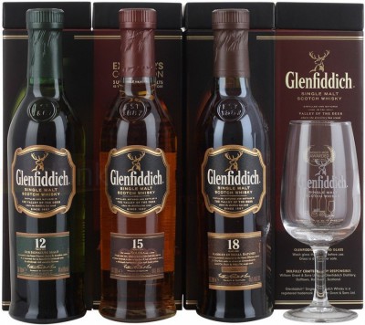 Виски Glenfiddich, gift set with 3 bottles (12 YO, 15 YO, 18 YO) & glass, 0.2 л